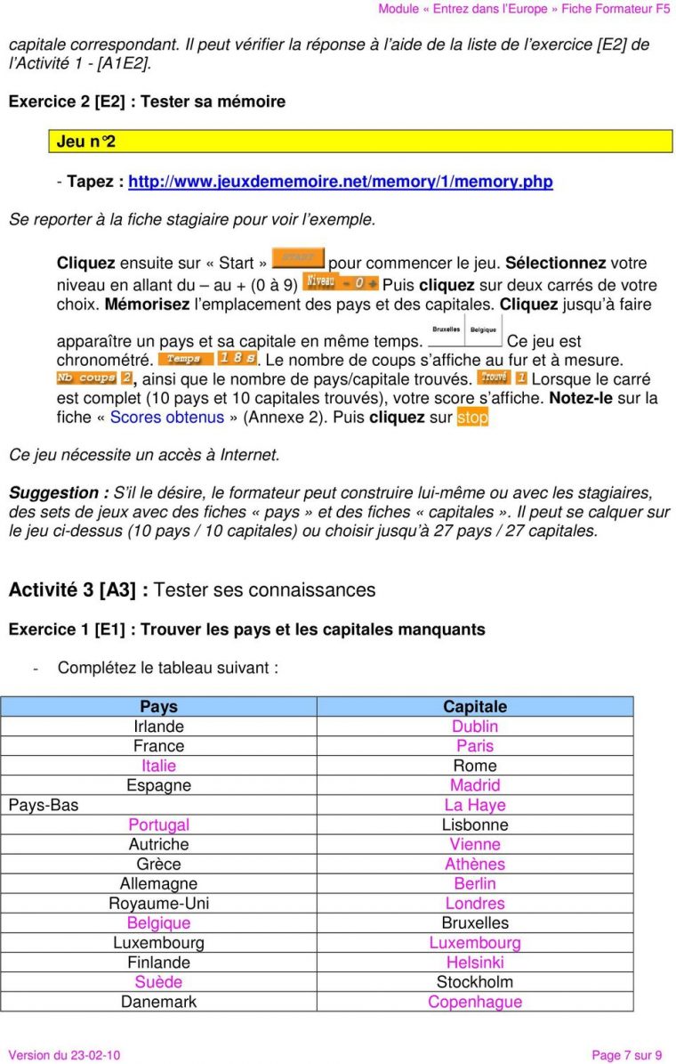 Fiche Formateur N 5. Outils Et Supports : Tableaux ; Cartes avec Jeu Des Capitales