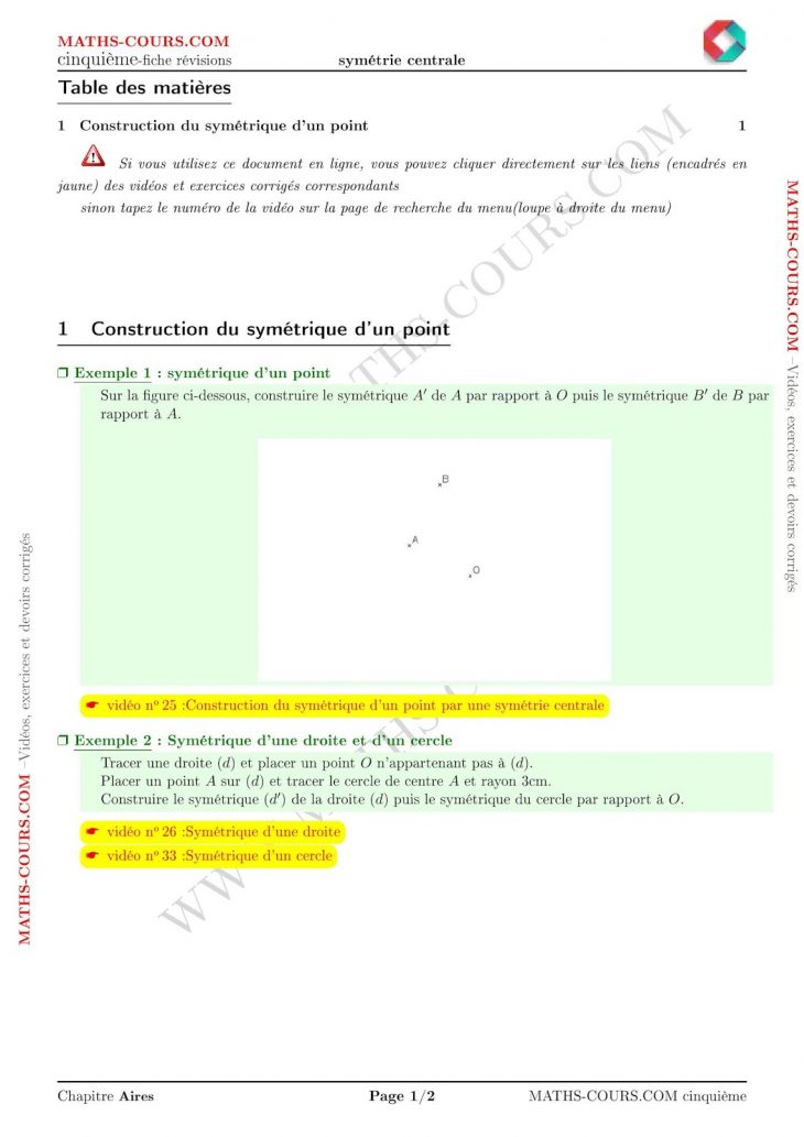 Fiche Révision Contrôle Symétrie Centrale (Cinquième à Symétrie En Ligne