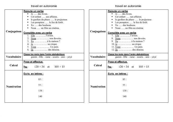 Fiches Et Travail En Autonomie Ce1,ce2 En Français Et Maths avec Fiche De Français Ce2