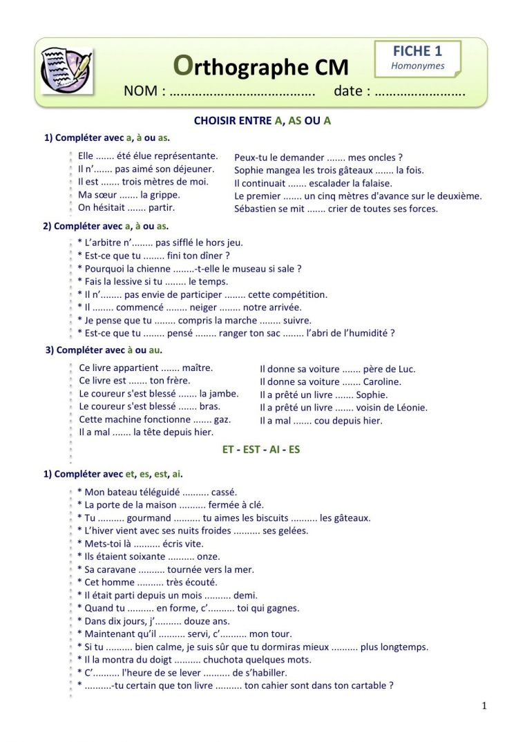 Fiches Orthographe : Les Homonymes Grammaticaux | Exercices tout Exercice Cm1 Conjugaison À Imprimer