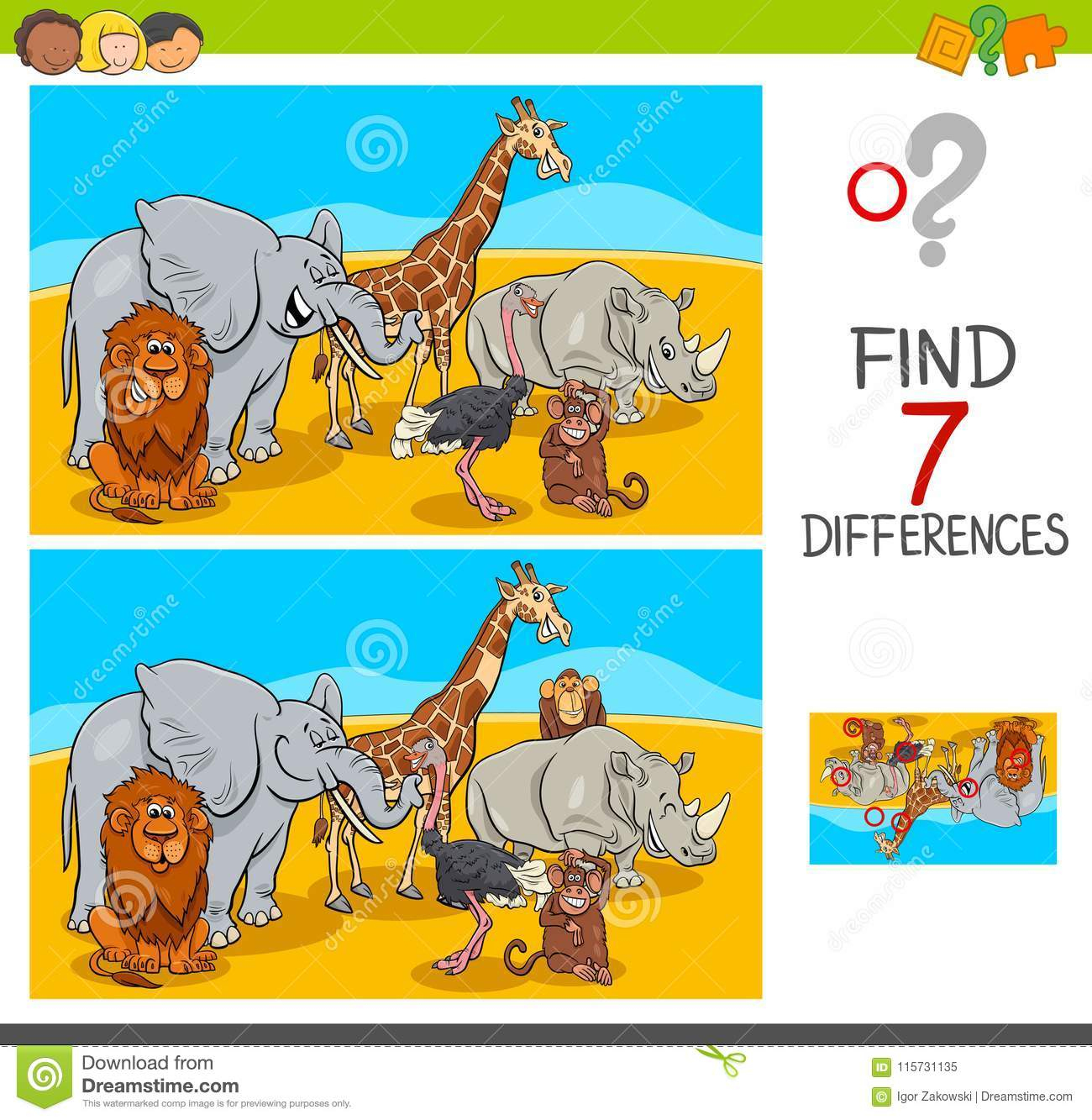 Find Differences Game With Safari Animals Stock Vector pour Jeu Des 7 Differences