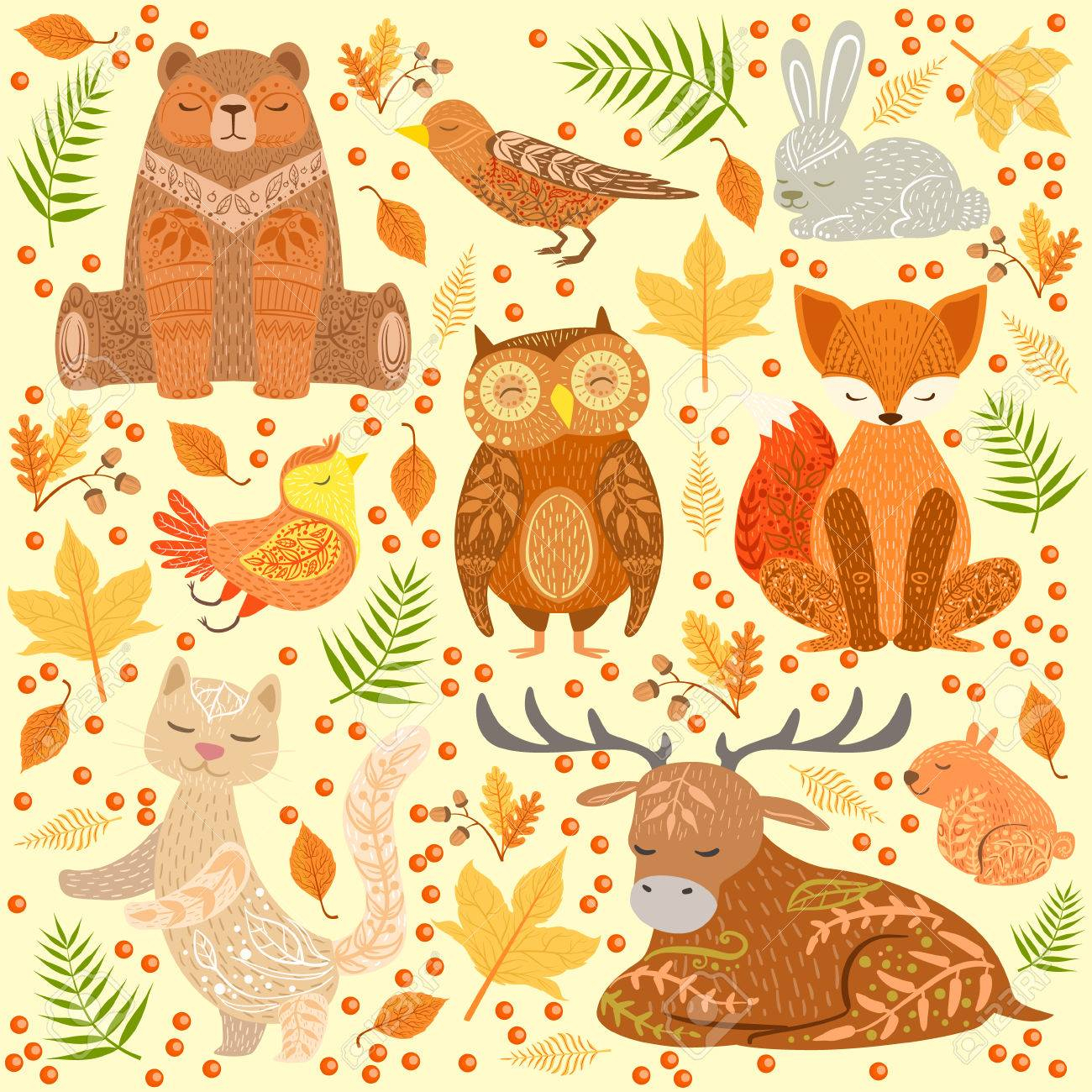 Forest Animals Covered In Ornamental Patterns Illustration. Hand Drawn  Print In Bright Colors With Artistic Details On Background With Autumn Eaves avec Image D Animaux A Imprimer En Couleur 