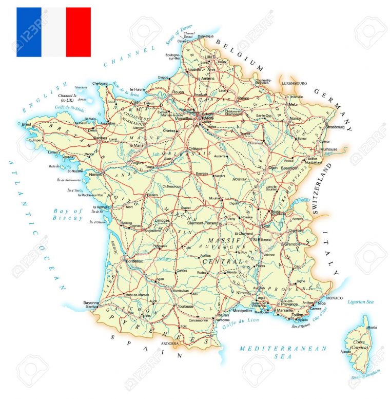 France – Carte Détaillée – Illustration. Plan Contient Contours  Topographiques, Pays Et Noms De Terres, Villes, Objets D'eau, Routes, Voies  Ferrées. à Carte Des Villes De France Détaillée