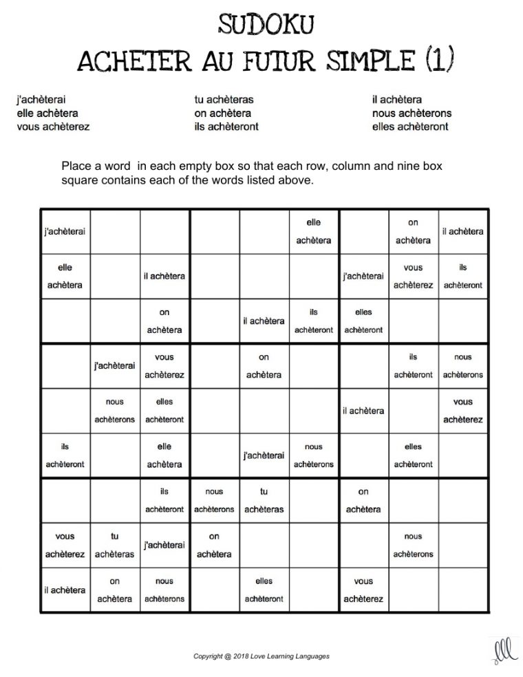 French Future Tense Sudoku Games – Le Futur Simple | Learn serapportantà Comment Jouer Sudoku