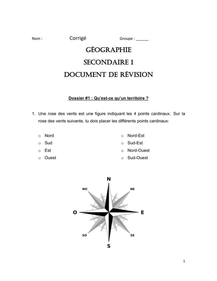 Géographie Secondaire 1 Document De Révision serapportantà Les 4 Point Cardinaux