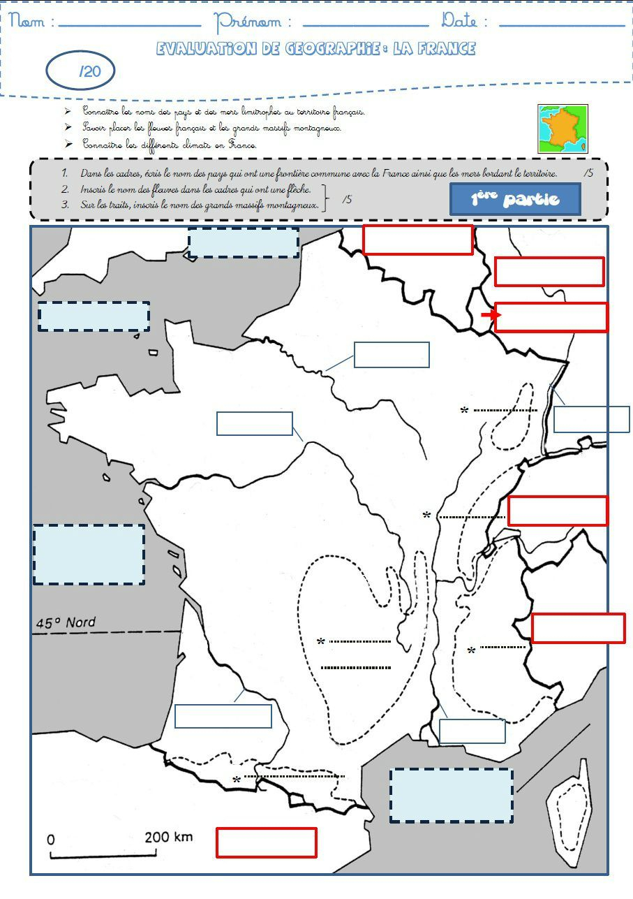 Géographie : Une Évaluation Sur La France (Frontières intérieur Carte De France Ce2