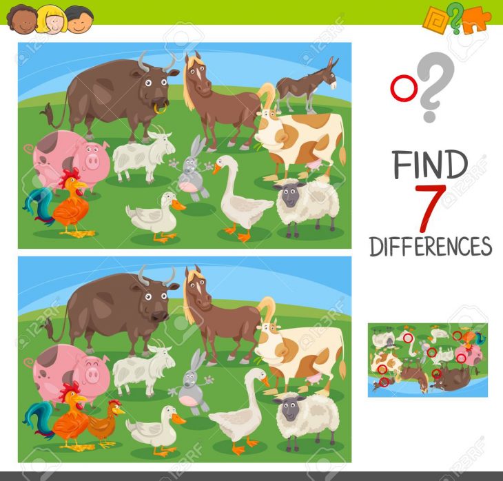 Illustration De Bande Dessinée De Trouver Sept Différences Entre Les  Enfants Aiment Jeu De Caractères Pour Les Enfants Avec La Ferme Animaux à Jeux Des 7 Difference