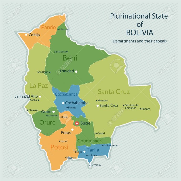 Illustration De La Carte Administrative De La Bolivie. Capitale Du Pays,  Départements Et Grandes Villes. Design Plat, Look Propre avec Carte Des Départements Et Villes