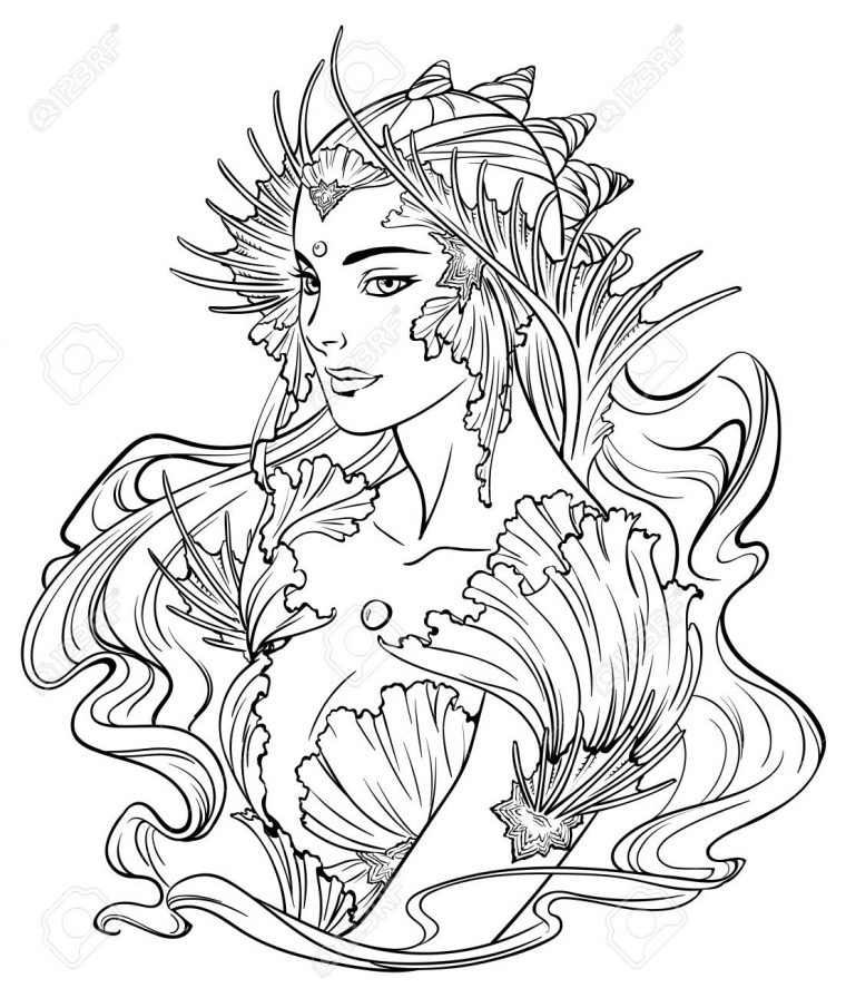 Illustration De Princesse De Sirène Avec Des Cheveux Frisés, Décorée Avec  Des Éléments De Coquillage. Noir Et Blanc, Anti-Stress. Livres De Coloriage intérieur Coloriage Princesse Sirene