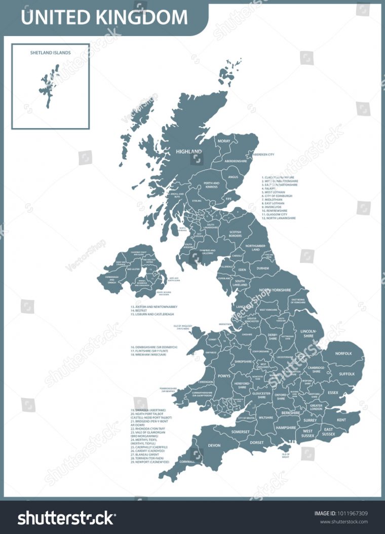 Image Vectorielle De Stock De Carte Détaillée Du Royaume-Uni à Carte Des 22 Régions