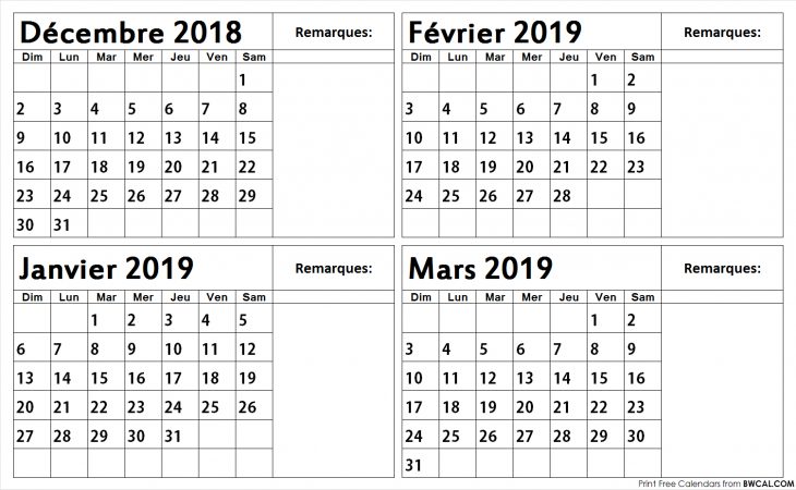 Imprimer Décembre 2018 Janvier Février Mars 2019 Calendrier intérieur Calendrier Mars 2018 À Imprimer