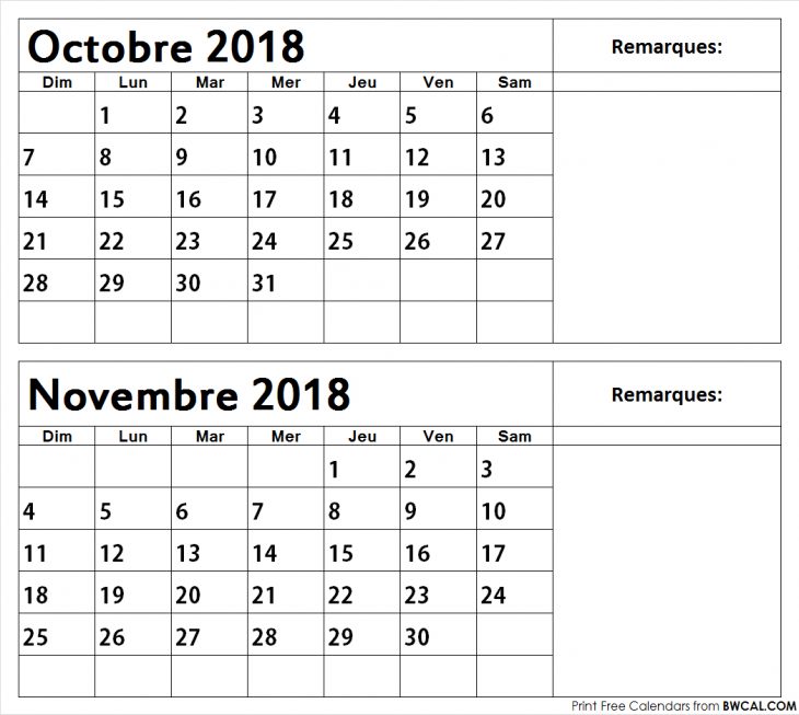 Imprimer Octobre Novembre 2018 Calendrier Gratuit | Modèle destiné Calendrier 2018 A Imprimer Par Mois