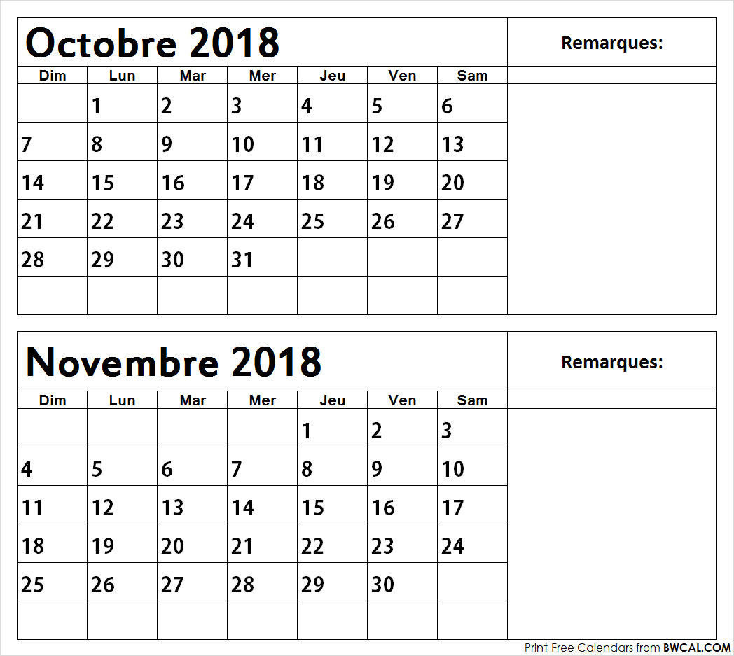 Imprimer Octobre Novembre 2018 Calendrier Gratuit | Modèle destiné Calendrier 2018 A Imprimer Par Mois