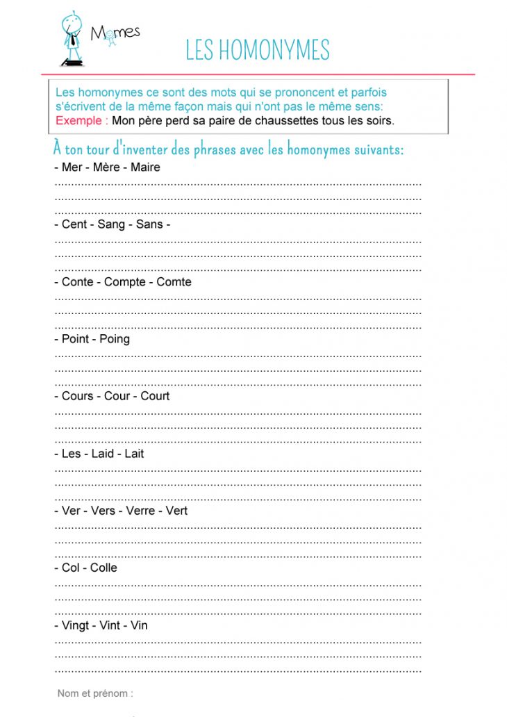 Inventer Des Phrases Avec Des Homonymes – Exercice – Momes à Ecriture Ce2 À Imprimer