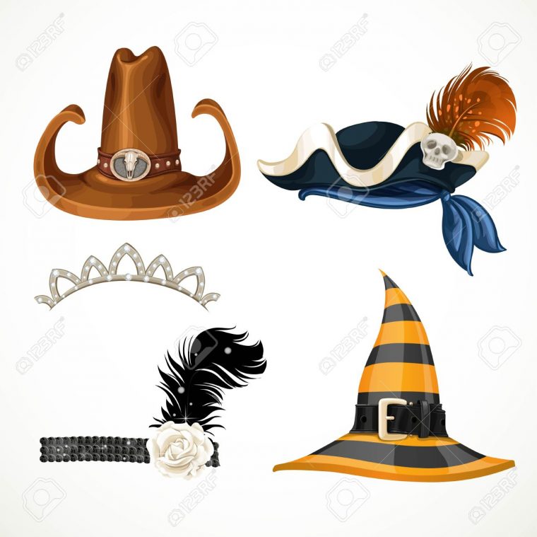 Jeu De Chapeaux Pour Les Costumes De Carnaval – Rétro, Diadème, Sorcière,  Chapeau De Pirate Et Chapeau De Cowboy Isolé Sur Un Fond Blanc à Jeu Des Chapeaux