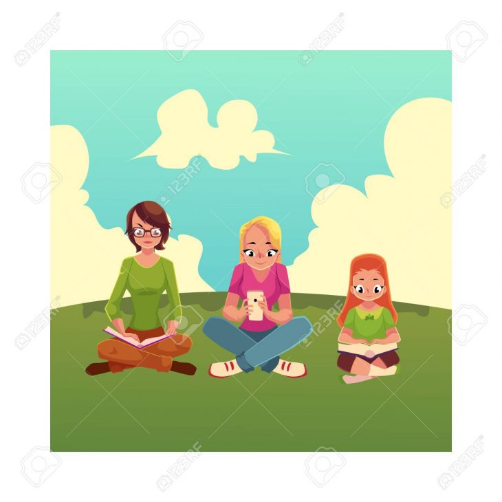 Jeu De Filles, Lire Des Livres Et À L'aide De Téléphone Portable Sur  L'herbe, Illustration De Vecteur De Dessin Animé Isolé Sur Fond Blanc.  Petites tout Jeux De Fille De Telephone