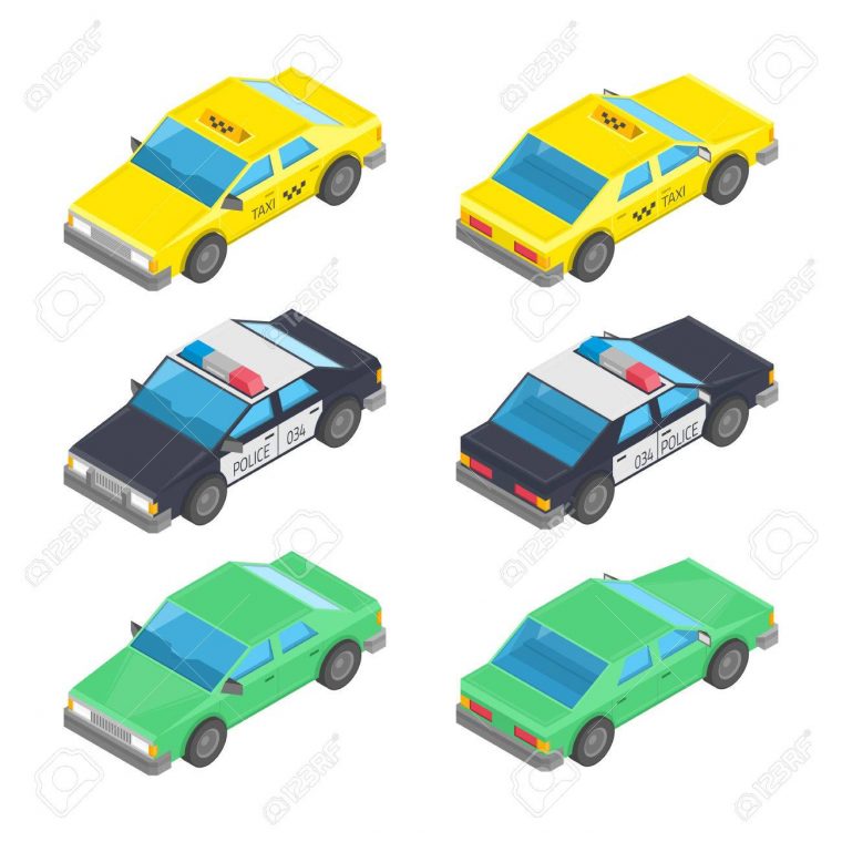 Jeu D'icônes De Véhicule Urbain De Haute Qualité 3D Isométrique Plat.  Voitures De Police Isométriques Vectorielles Et Taxi Avec Vues Avant Et  Arrière. dedans Jeux De Voiture Avec La Police