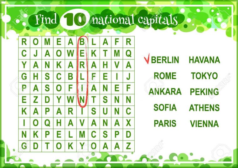 Jeu Éducatif Pour Les Enfants, La Recherche De Mots. Trouver 10 Capitales  Nationales. Feuille De Travail Pour La Classe Ou À La Maison Avec Les dedans Jeu Des Capitales