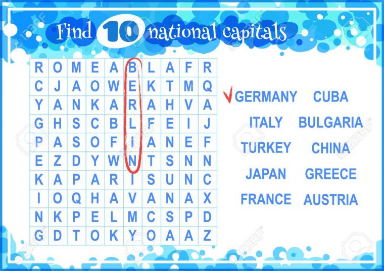 Jeu Éducatif Pour Les Enfants, La Recherche De Mots. Trouver 10 Capitales  Nationales. Feuille De Travail Pour La Classe Ou À La Maison Avec Les serapportantà Jeu Des Capitales