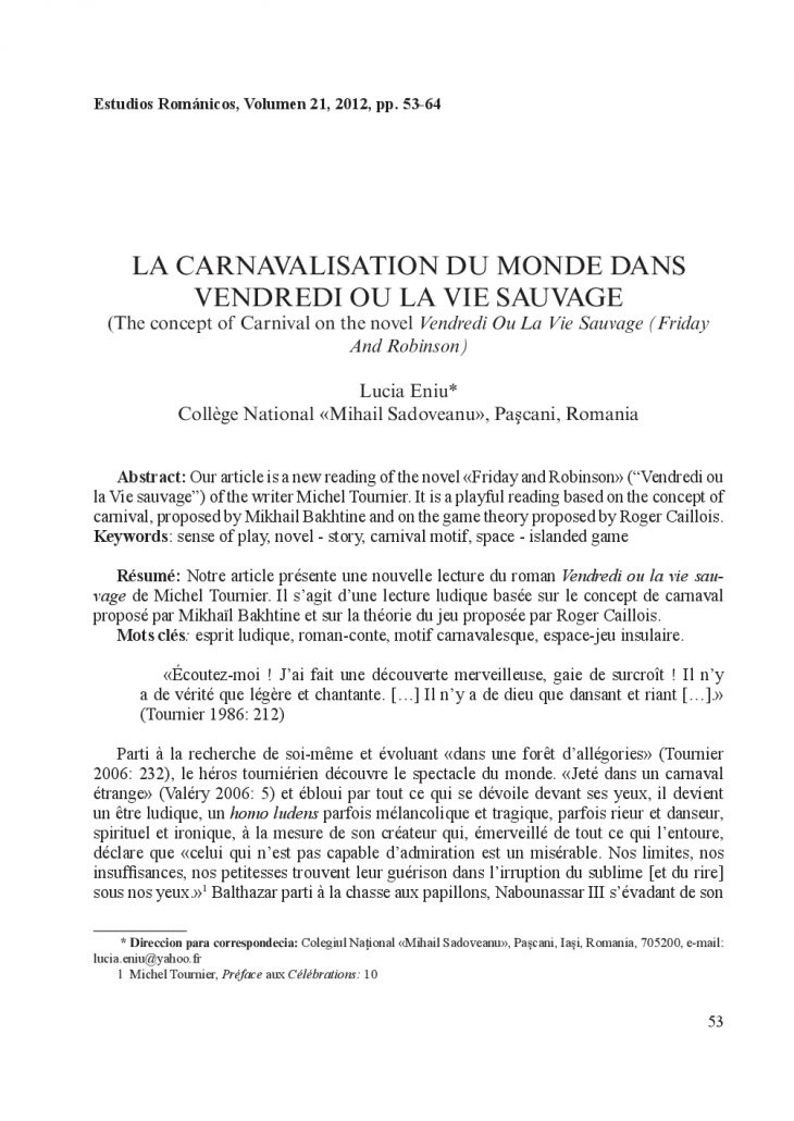 La Carnavalisation Du Monde Dans Vendredi Ou La Vie Sauvage à Esquiver Mots Fleches