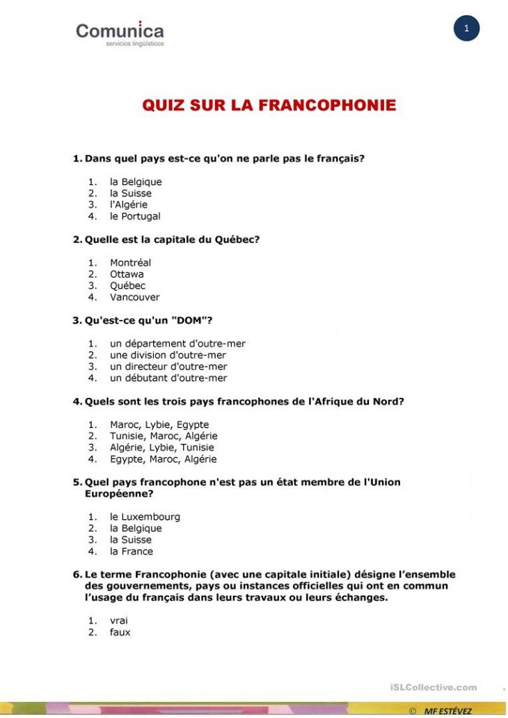 La Francophonie-Quiz – Français Fle Fiches Pedagogiques avec Quiz Sur Les Capitales De L Union Européenne