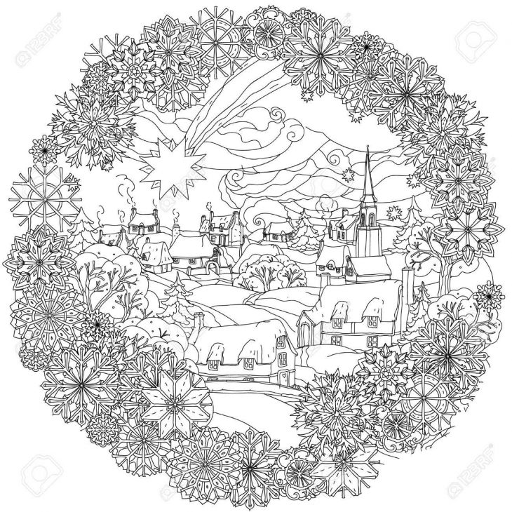 Landskape De Noël Avec L'étoile Survole Village D'hiver, Dans Le Cadre Des  Flocons De Neige, Noir Et Blanc. Bagouts Zentangle. Le Meilleur Pour Votre intérieur Coloriage Village De Noel