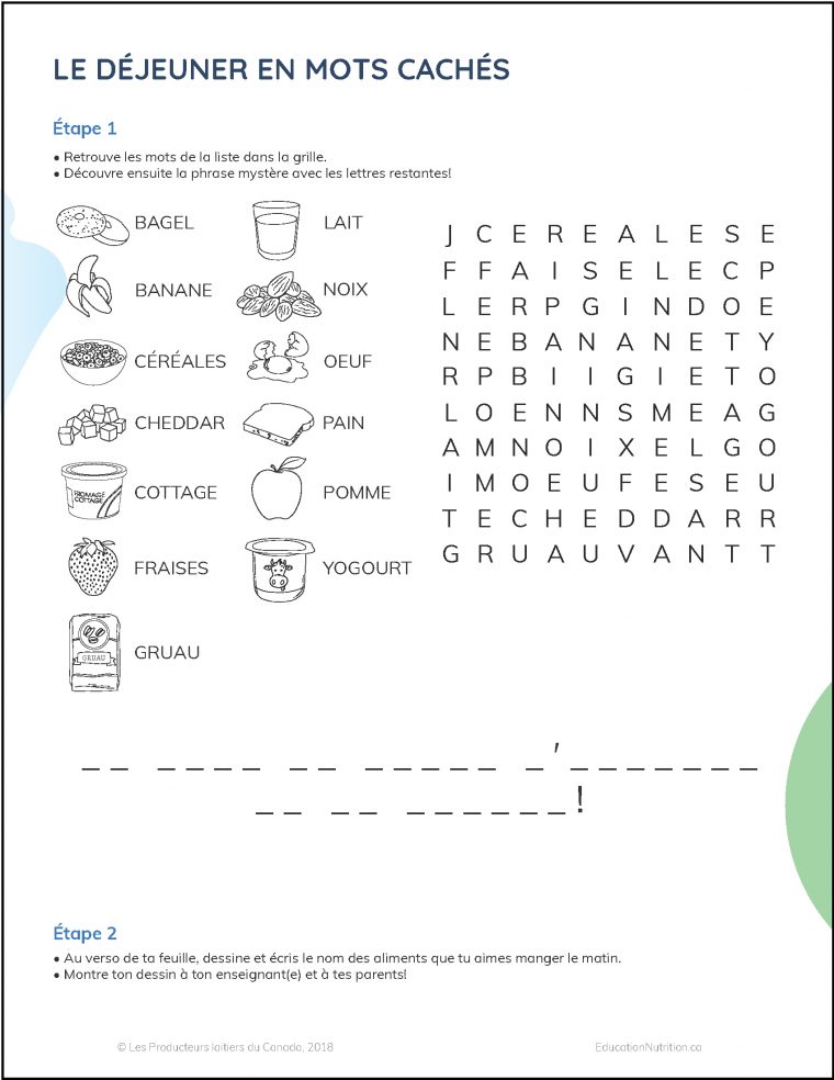 Le Déjeuner En Mots Cachés | Éducation Nutrition Québec tout Mots Mystere