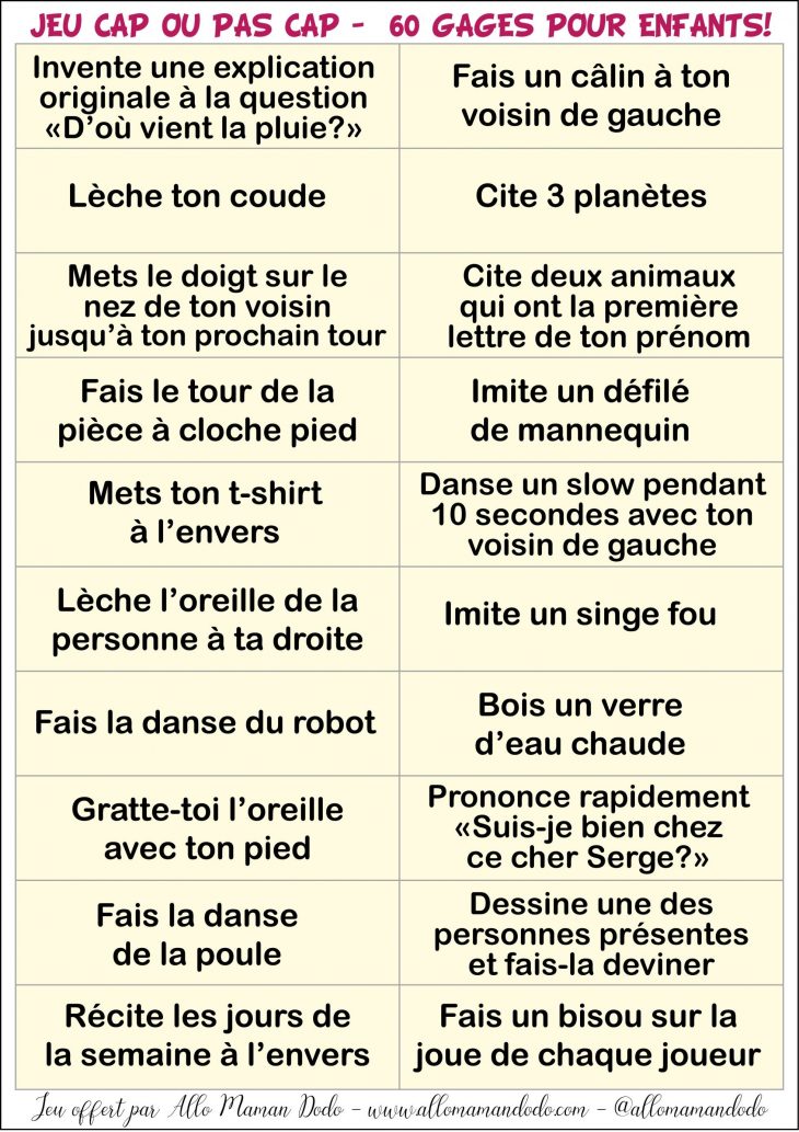 Le Jeu "cap Ou Pas Cap" À Imprimer ( 60 Gages Pour Enfants concernant Jeux De Mémoire À Imprimer Pour Adultes