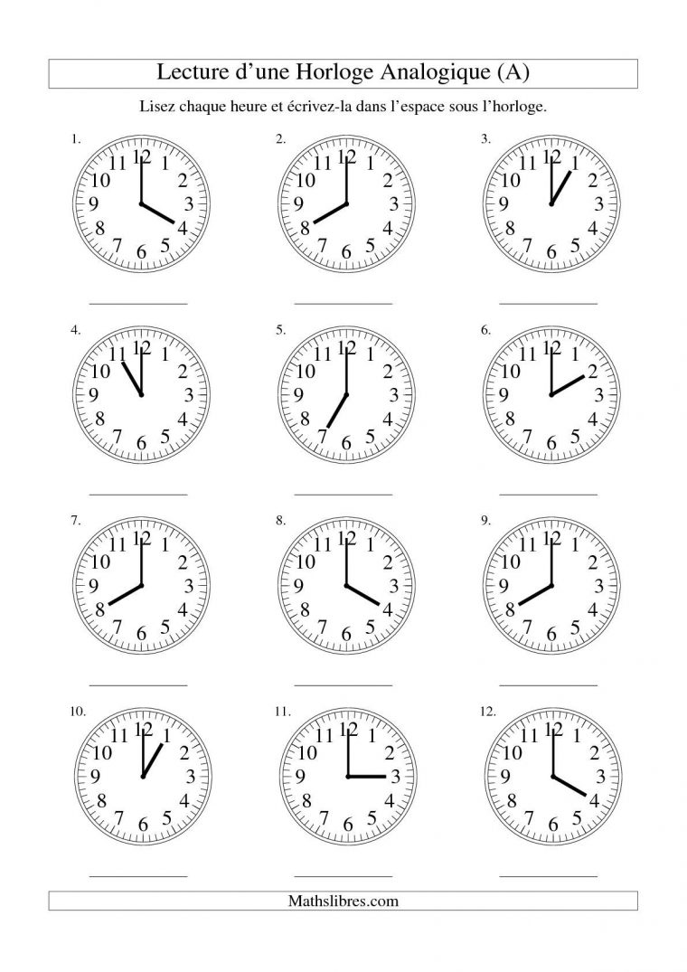 Lecture De L'heure Sur Une Horloge Analogique Avec 60 intérieur Exercice Pour Apprendre A Lire