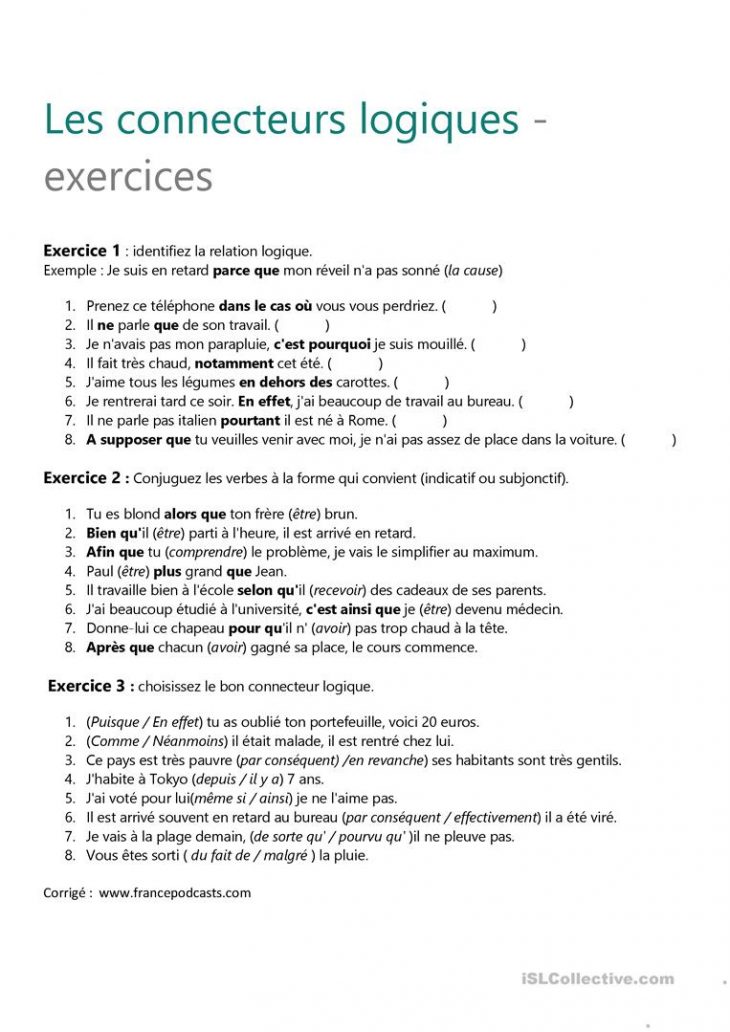 Les Connecteurs Logiques : Exercices – Français Fle Fiches intérieur Exercice De Logique Gratuit