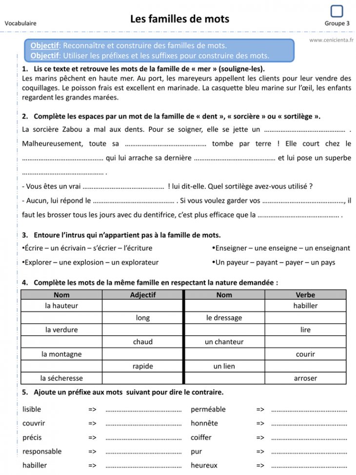 Les Familles De Mots avec Barre L Intrus