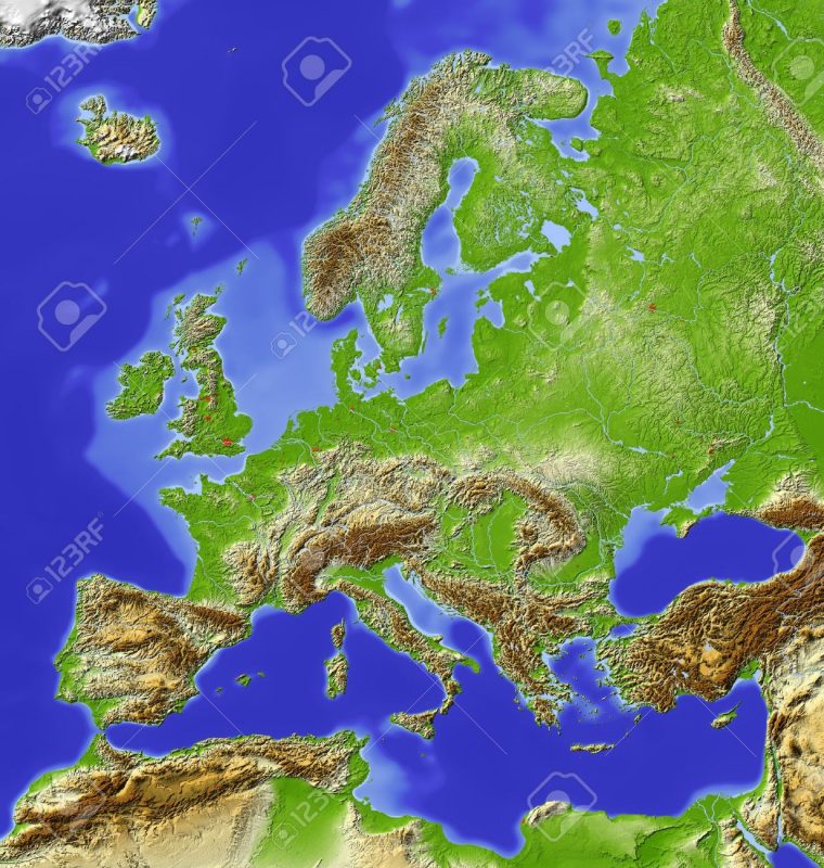 L'europe. Carte En Relief Ombré Avec Les Grandes Zones Urbaines. Colorié  Fonction De La Hauteur Relative. Projection Azimutale De Lambert Equal-Area pour Carte De L Europe En Relief