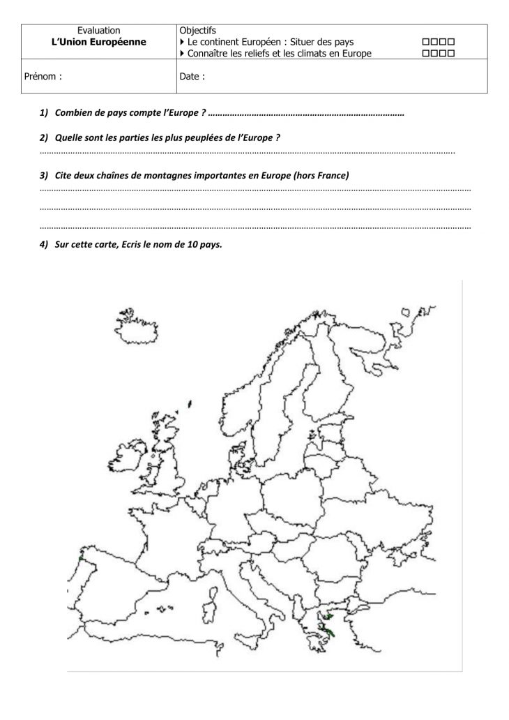 L`europe Un Continent (Evaluation). à Nom Des Pays De L Union Européenne