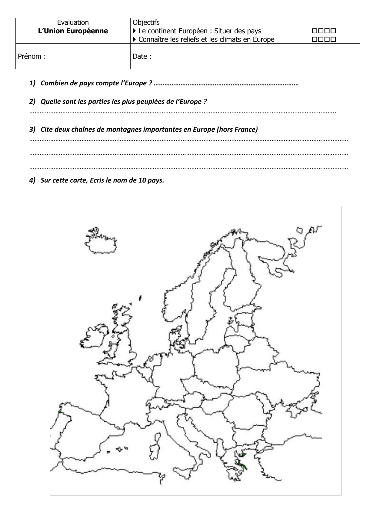 L`europe Un Continent (Evaluation). à Nom Des Pays De L Union Européenne 