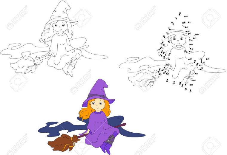 Mignon Et Agréable Sorcière Volant Sur Un Balai. Coloriage Et Point À Point  Jeu Éducatif Pour Les Enfants. Vector Illustration tout Balai Coloriage