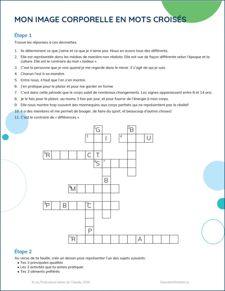 Mon Image Corporelle En Mots Croisés | Éducation Nutrition destiné Outils Mots Croises