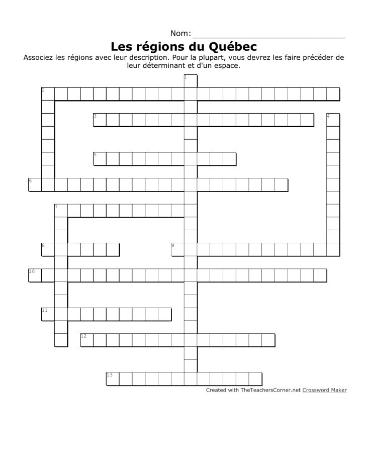 Mot-Croisé – Les Régions Du Québec concernant Faire Son Mot Croisé