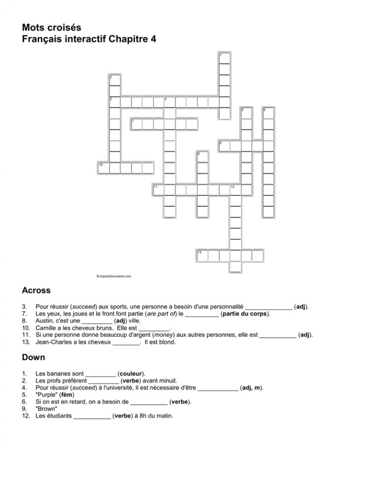 Mots Croisés Français Interactif Chapitre 4 Across 3. Pour dedans Mots Meles Francais