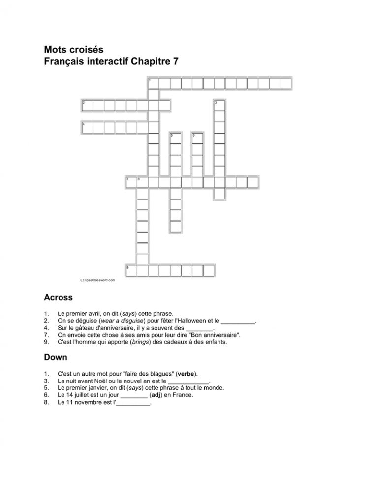 Mots Croisés Français Interactif Chapitre 7 Across 1. Le dedans Mots Meles Francais