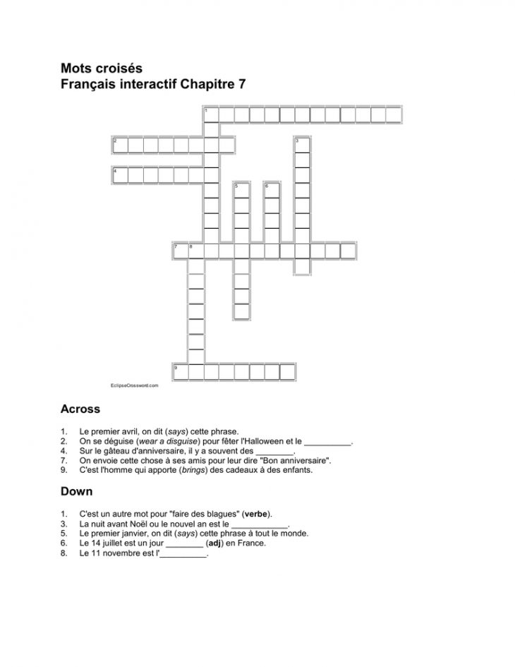 Mots Croisés Français Interactif Chapitre 7 Across 1. Le serapportantà Jeux Mots Croisés En Français