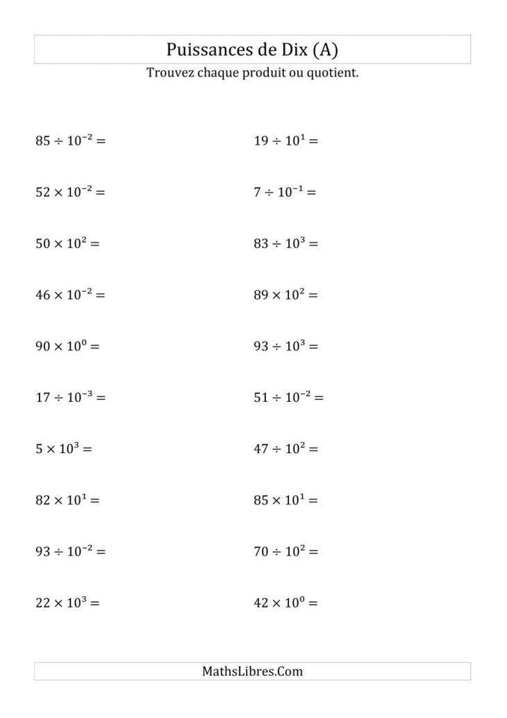 Multiplication Et Division De Nombres Entiers Par Puissances avec Exercice De Math Sur Les Puissances