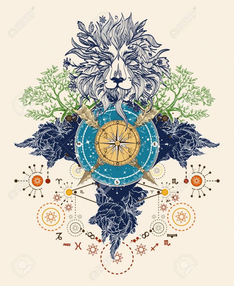 Mystic Uage De Couleur. Lion, Boussole, Croisé Des Flèches, Des Roses,  Des Arbres À Feuilles Persistantes. T-Shirt Design. Symboles Du Tourisme, pour Photo De Lion A Imprimer En Couleur