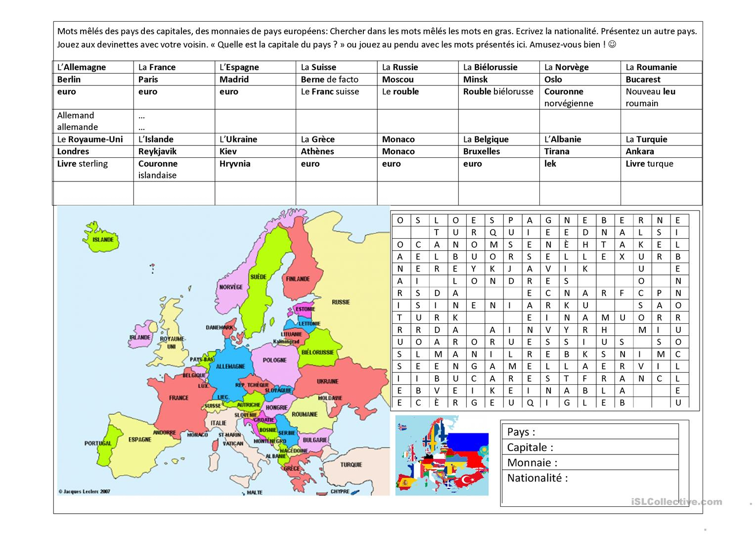 Pays D&amp;#039;europe, Capitales, Monnaies - Français Fle Fiches destiné Les Capitales D Europe 