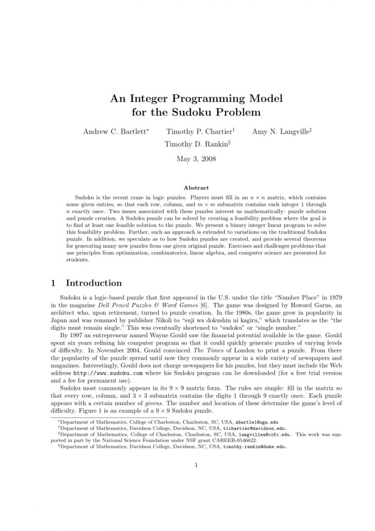 Pdf) An Integer Programming Model For The Sudoku Problem pour Sudoku Grande Section