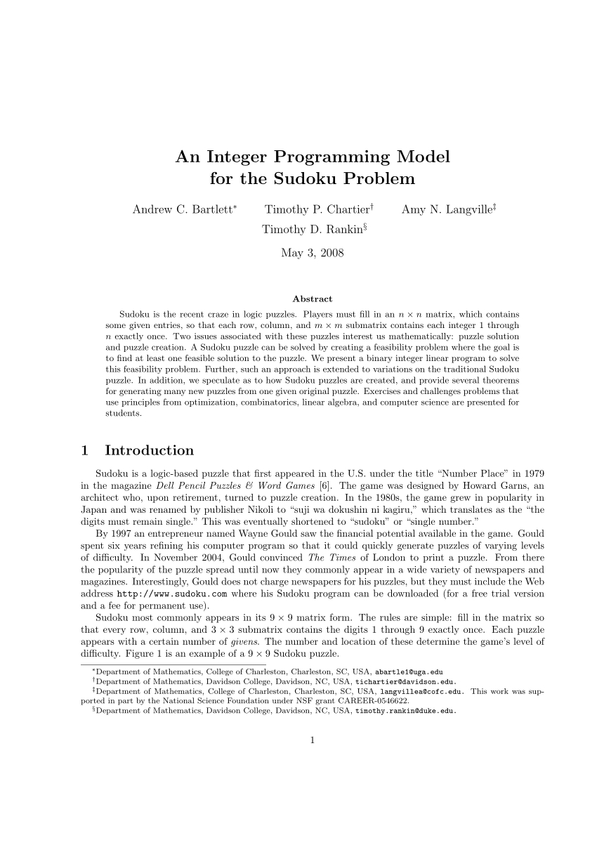 Pdf) An Integer Programming Model For The Sudoku Problem pour Sudoku Grande Section 