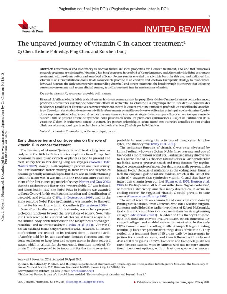 Pdf) An Unpaved Journey Of Vitamin C In Cancer Treatment tout Qi Devine Le Mot