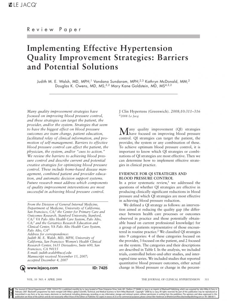 Pdf) Implementing Effective Hypertension Quality Improvement pour Qi Devine Le Mot