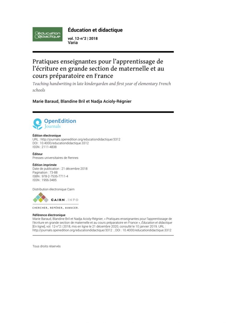 Pdf) Pratiques Enseignantes Pour L'apprentissage De L dedans Écriture Chiffres Gs