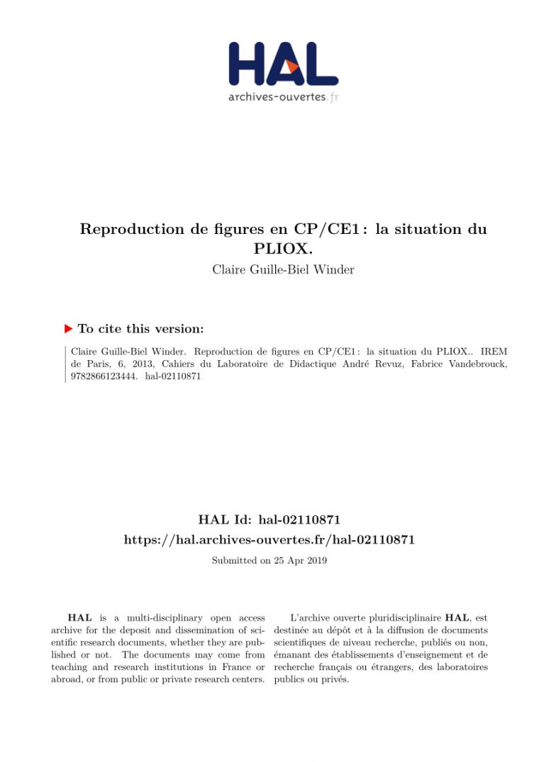 Pdf) Reproduction De Figures En Cp/ce1 : La Situation Du Pliox. avec Reproduction De Figures Ce1