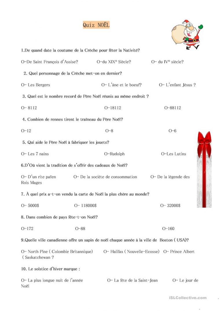 Quiz Noël – Français Fle Fiches Pedagogiques tout Quizz Enfant